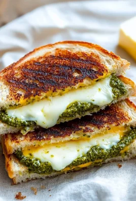 Melted pesto grilled cheese sandwich with fresh basil and tomato slices