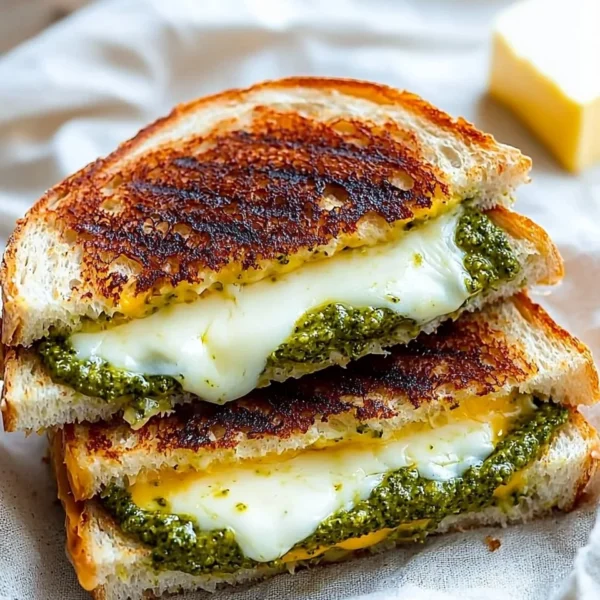 Melted pesto grilled cheese sandwich with fresh basil and tomato slices