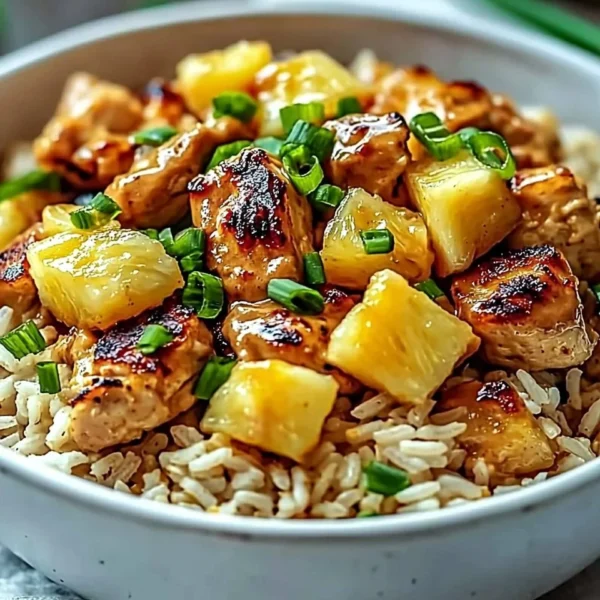 Delicious Pineapple Chicken served over rice with fresh pineapple chunks