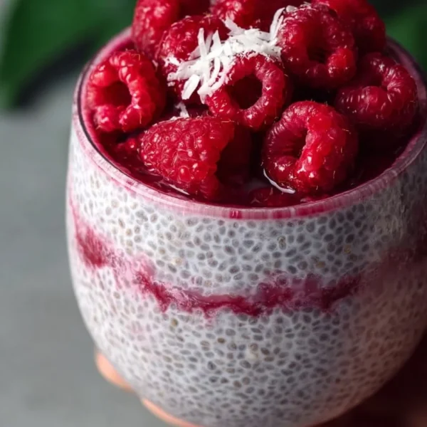 Delicious Raspberry Chia Pudding in a bowl with fresh raspberries on top