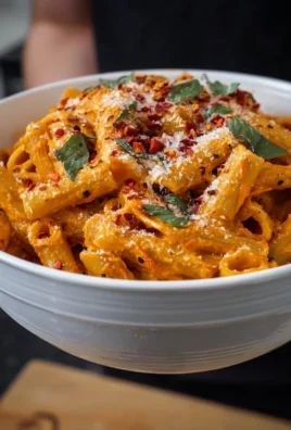Delicious plate of Red Pepper Pasta garnished with herbs and fresh vegetables