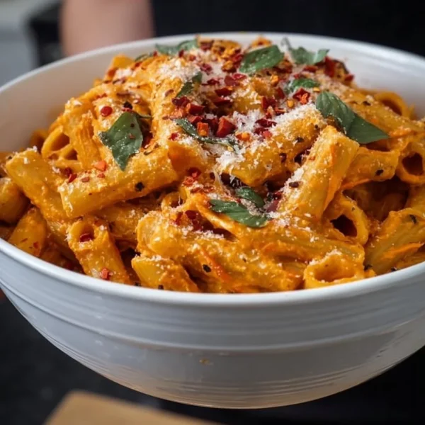 Delicious plate of Red Pepper Pasta garnished with herbs and fresh vegetables