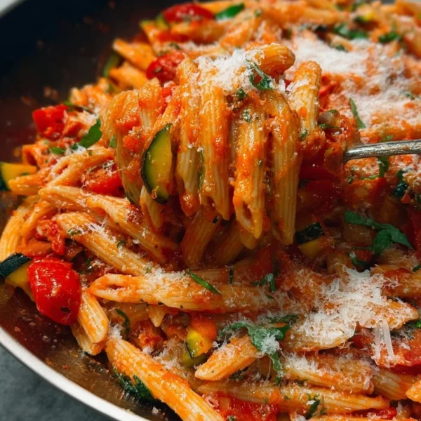 Bowl of roasted veggie pasta topped with garlic tomato sauce