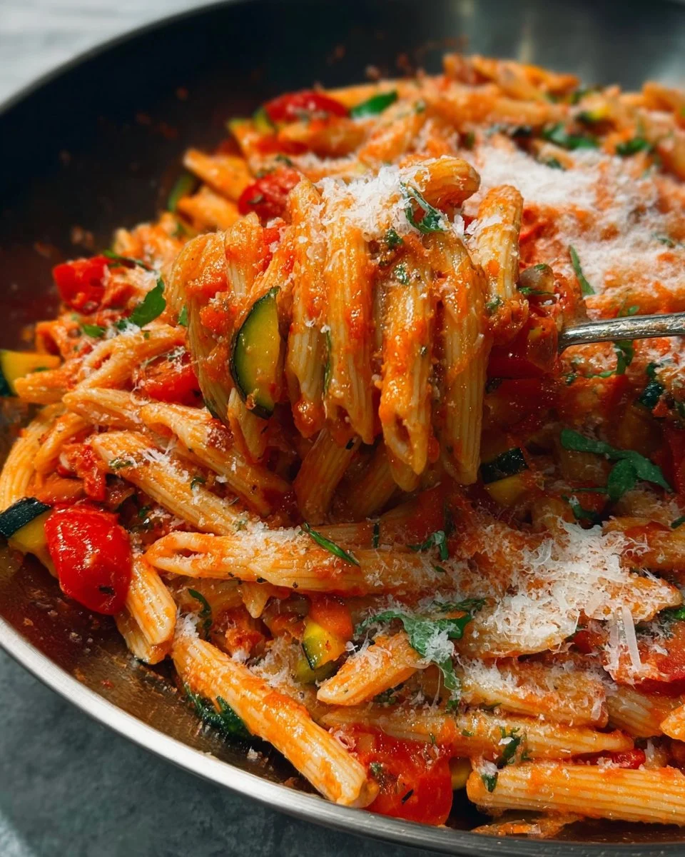 Roasted Veggie Pasta with Garlic Tomato Sauce