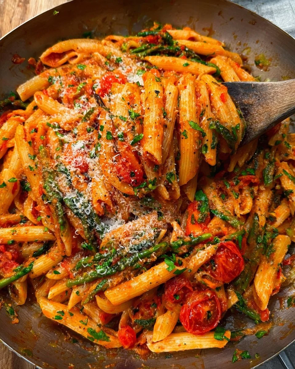 Roasted Veggie Pasta with Garlic Tomato Sauce