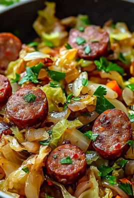 Sausage and cabbage stir fry in a colorful bowl, ready to serve.