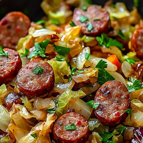 Sausage and cabbage stir fry in a colorful bowl, ready to serve.