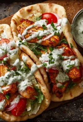 Sheet pan chicken pitas topped with herby ranch dressing on a plate