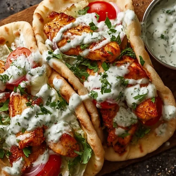 Sheet pan chicken pitas topped with herby ranch dressing on a plate