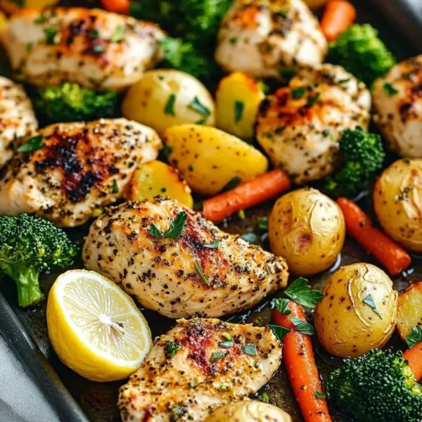 Sheet pan with lemon herb chicken and colorful roasted vegetables