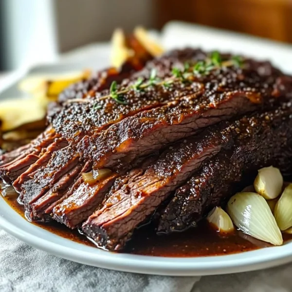 Slow cooked beef brisket served with rich gravy and sides