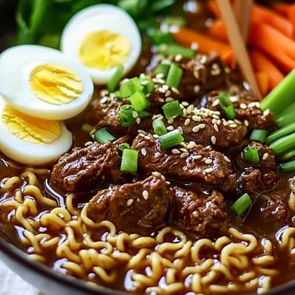 Delicious slow cooker beef ramen noodles with rich broth and toppings.