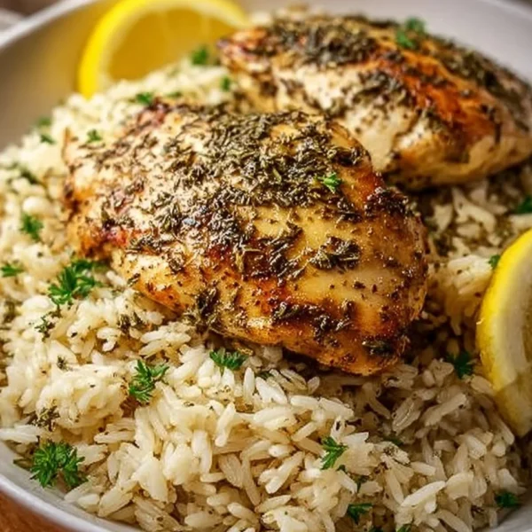 Delicious slow cooker lemon herb chicken served with rice