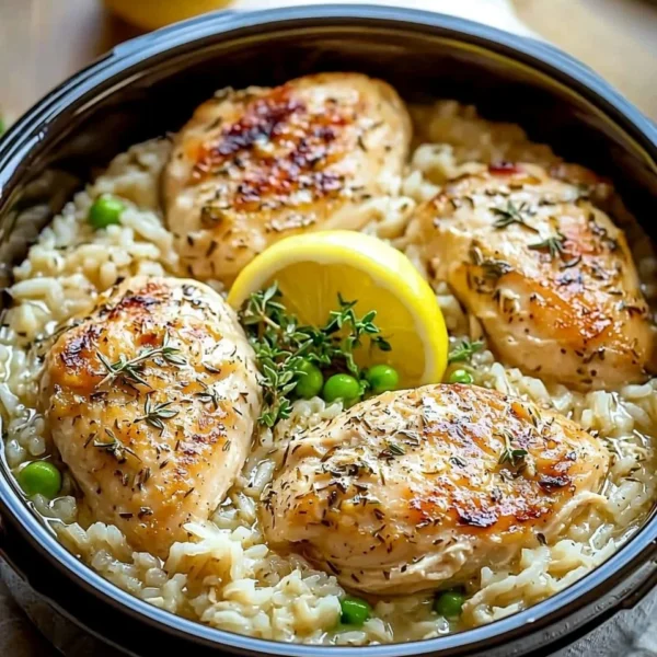 Slow Cooker Lemon Herb Chicken served with rice in a bowl