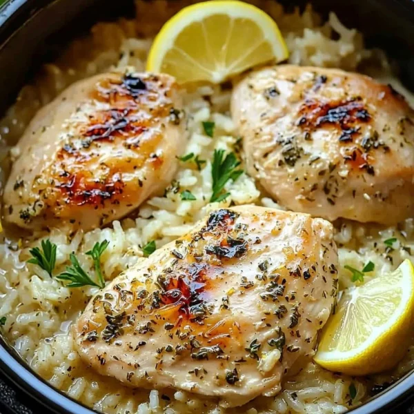 Slow cooker lemon herb chicken and rice served in a bowl with fresh herbs