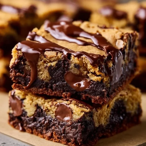 Sourdough brown butter brookies topped with chocolate drizzle on a plate