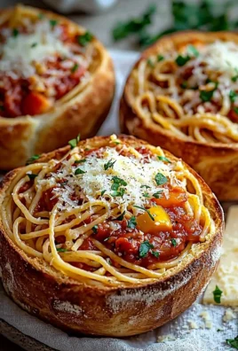 Spaghetti garlic bread bowls filled with pasta and topped with herbs