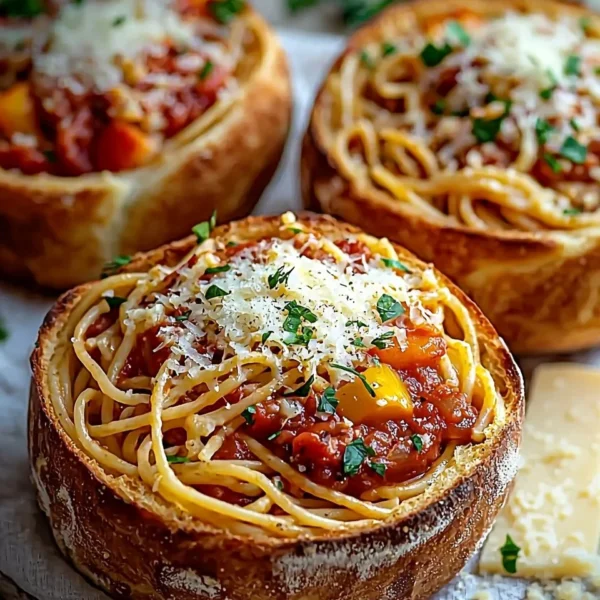 Spaghetti garlic bread bowls filled with pasta and topped with herbs