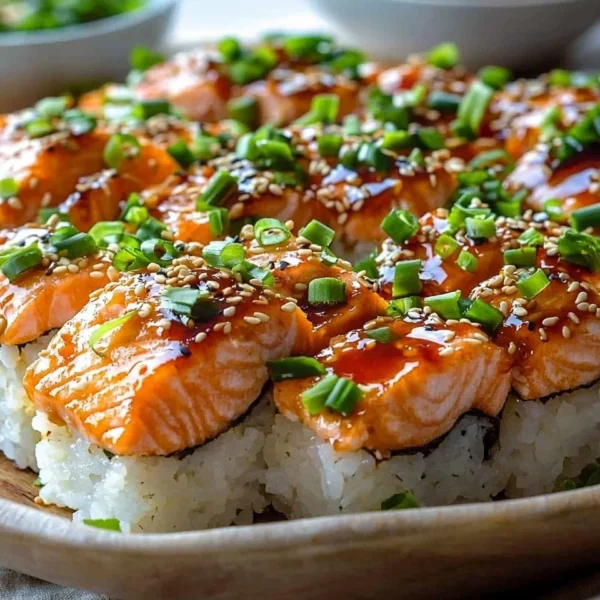 Delicious Spicy Salmon Sushi Bake topped with creamy sauce and garnished.