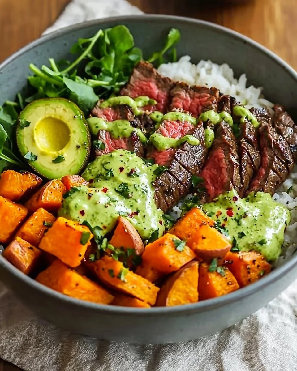 Steak and Sweet Potato Bowls with Avocado-Cilantro Drizzle