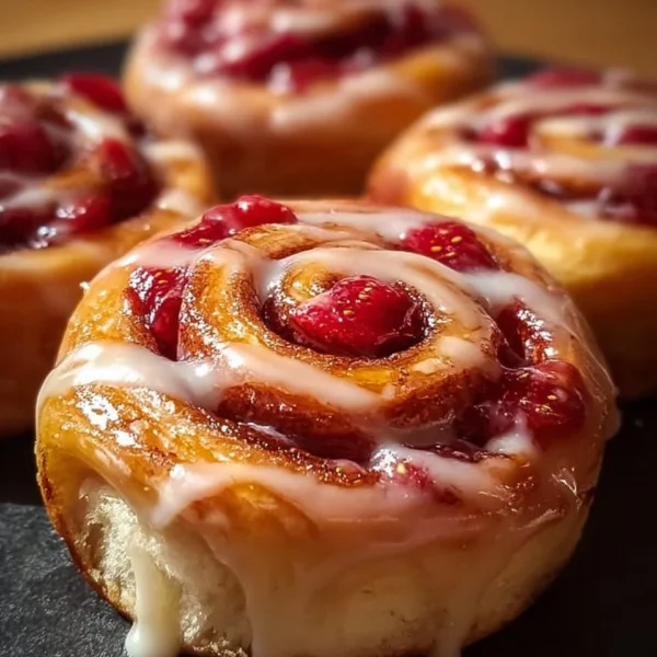 Delicious Strawberry Cheesecake Cinnabon Rolls with a creamy filling and strawberry topping