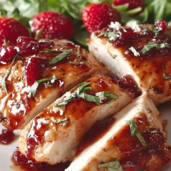 Deliciously plated Strawberry Chicken dish garnished with fresh strawberries