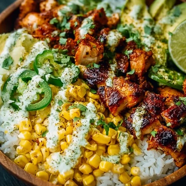 Delicious Street Corn Chicken Rice Bowl featuring tender chicken and fresh corn.