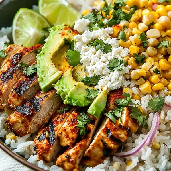 Delicious Street Corn Chicken Rice Bowl featuring grilled chicken and fresh ingredients.