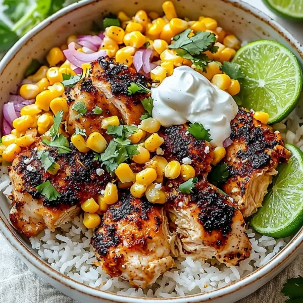 Delicious Street Corn Chicken Rice Bowl with grilled chicken and fresh toppings