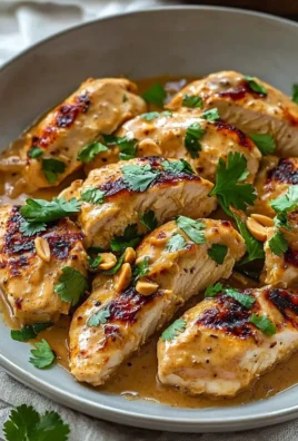 Plate of Thai Peanut Chicken garnished with herbs and peanuts