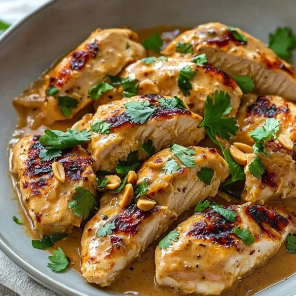 Plate of Thai Peanut Chicken garnished with herbs and peanuts