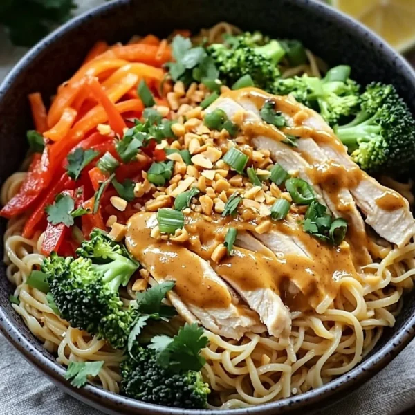 Delicious Thai Peanut Chicken Noodle Bowl with vibrant vegetables and noodles.