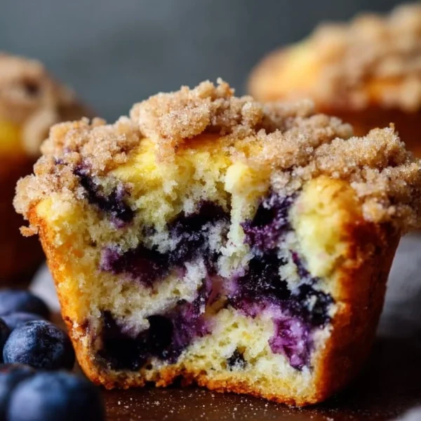 Freshly baked bakery-style blueberry muffins with streusel topping