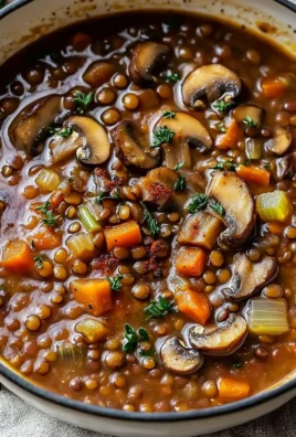 A bowl of Vegan Lentil Mushroom Stew garnished with fresh herbs.