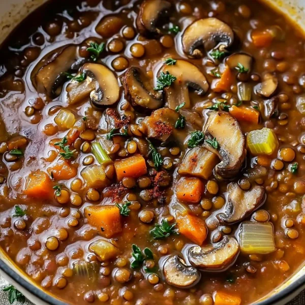 A bowl of Vegan Lentil Mushroom Stew garnished with fresh herbs.