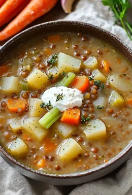 Bowl of steaming Vegetarian Lentil Soup garnished with fresh herbs.