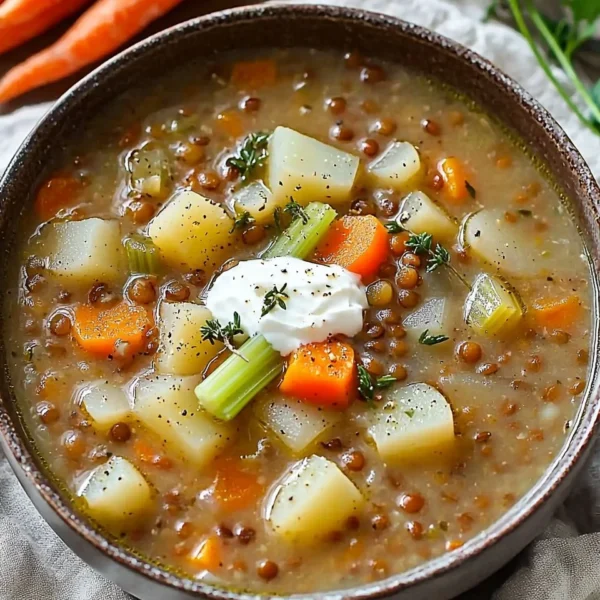 Bowl of steaming Vegetarian Lentil Soup garnished with fresh herbs.