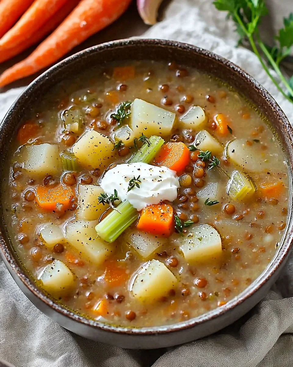 Bowl of steaming Vegetarian Lentil Soup garnished with fresh herbs.