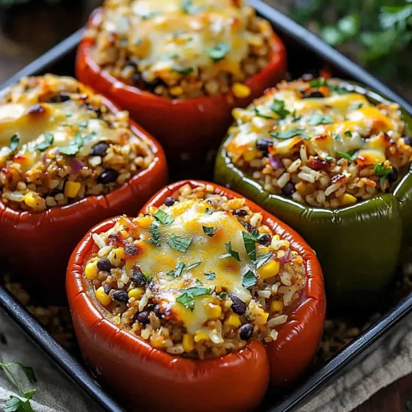 Colorful vegetarian stuffed bell peppers filled with quinoa and vegetables